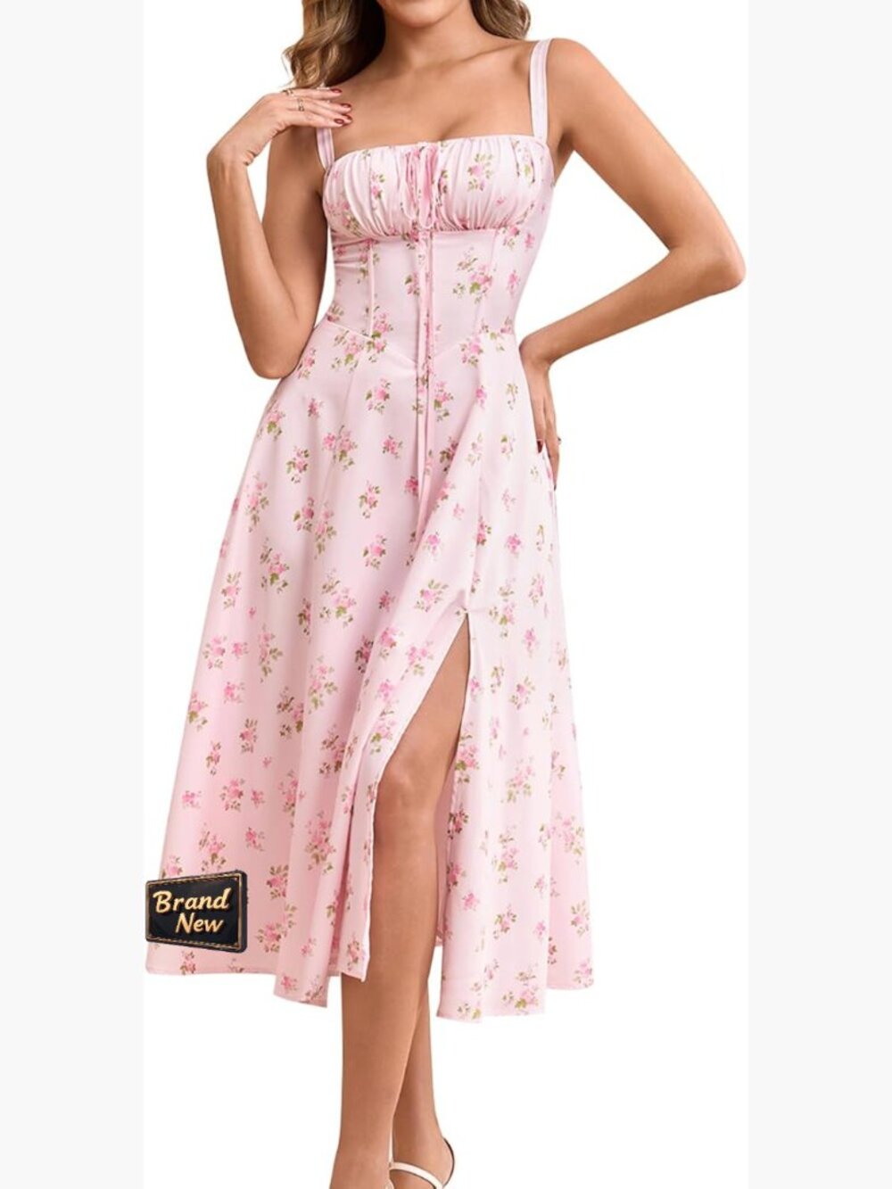 Corset Midi Wedding Guest Dress Sleeveless Flowy A-Line Sundress
